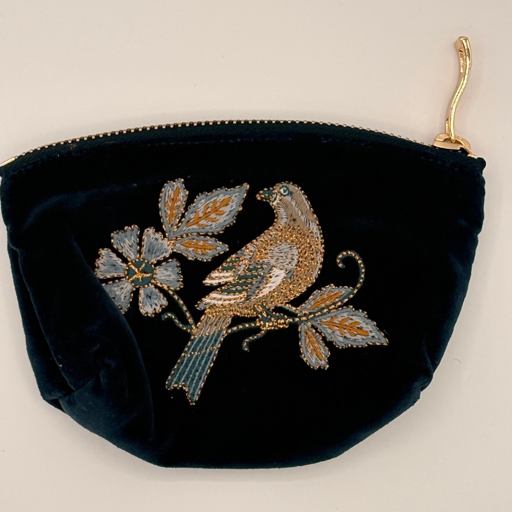 Elizabeth Scarlett Coin Purse Women Small Teal Excellent Embroidered Bird Velvet
